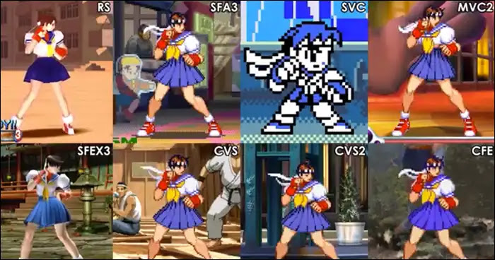 Aqui está uma comparação das animações ociosas de Sakura de muitas de suas aparições jogáveis ​​​​das séries Street Fighter e Versus.
