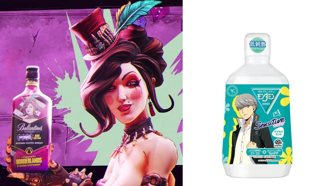 Whisky Ballantine de Borderlands no Reino unido e enxaguante bucal de Persona no Japão .