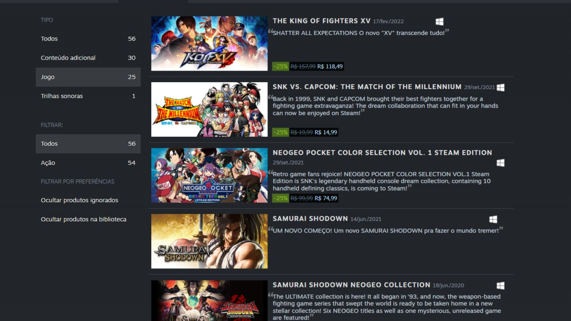 SNK oferta no PC tem  The King of Fighters, Metal Slug e mais por menos de R$ 10