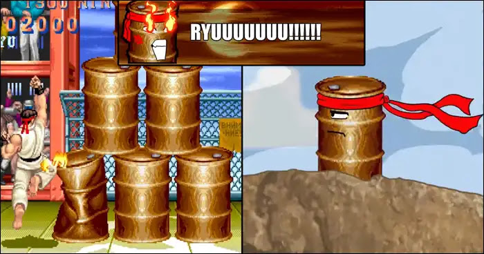‘Barrel’ do estágio bônus de Street Fighter 2 busca vingança contra Ryu em animação sprite bizarra e hilária.
