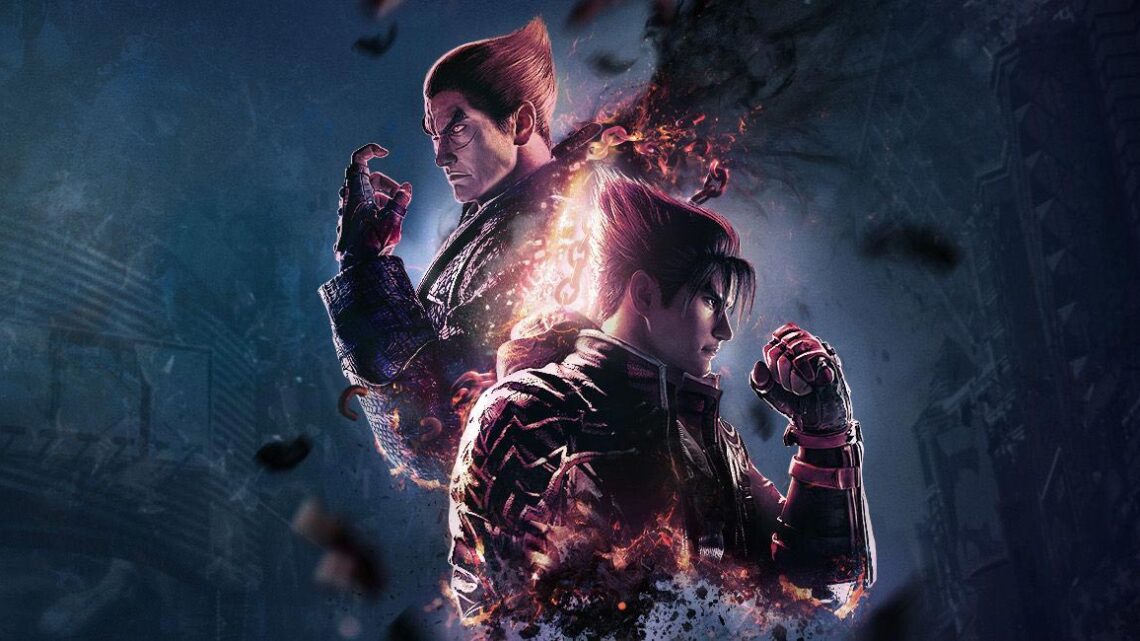 Arte principal de Tekken 8 e retratos oficiais dos personagens de Jin, Kazuya, Jun, Jack-8, Law, Lars, Paul e King apresentados.