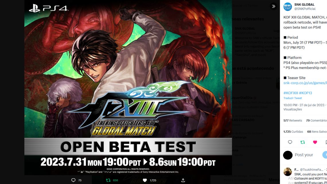 O segundo Open Beta Test de The King of Fighters XIII: Global Match começou hoje, 31 de julho de 2023. O teste estará disponível para PlayStation 4 e Nintendo Switch até 6 de agosto de 2023.